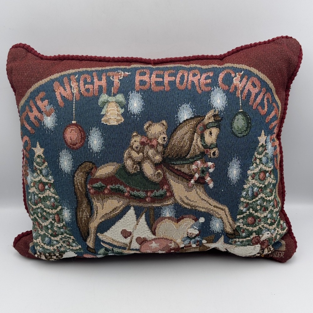 Travis Spencer Christmas Tapestry Pillow Blue Red Rocking Horse Vintage 16x12
